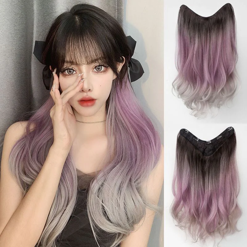 Gradient wig piece dyed one piece V-shaped seamless purple gray wig piece female synthetic clip wig suitable for anyone