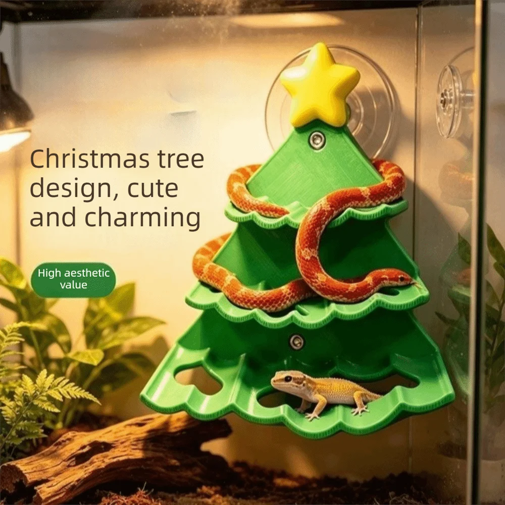 Christmas Theme Reptile Christmas Tree Climbing Frame Simulation Leaves Plastic Reptile Resting Terrace with Suction Cup