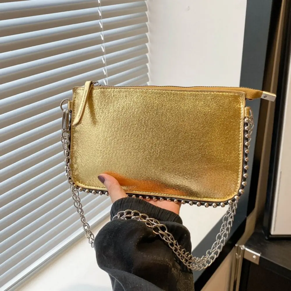 

Elegant Pu Leather Underarm Tote Bag Korean Style Rivet Vintage Shoulder Bag Colorful Chain Strap Luxury Handbag Outdoor