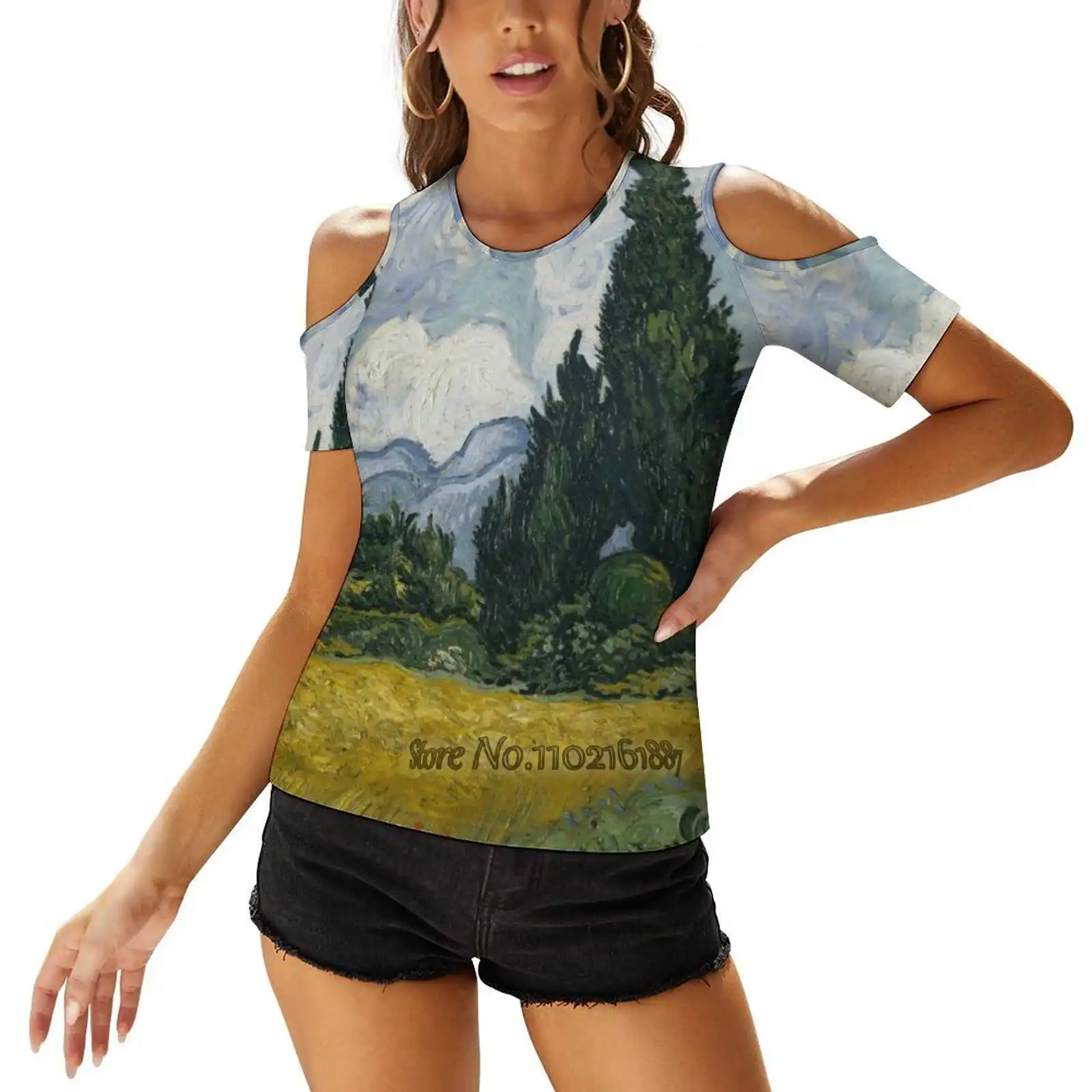 Vincent Van Gogh. Wheat Field With Cypresses 1889. Woman's Casual Sexy T-Shirt One Shoulder Lacing T Shirts Elegant Beach Party