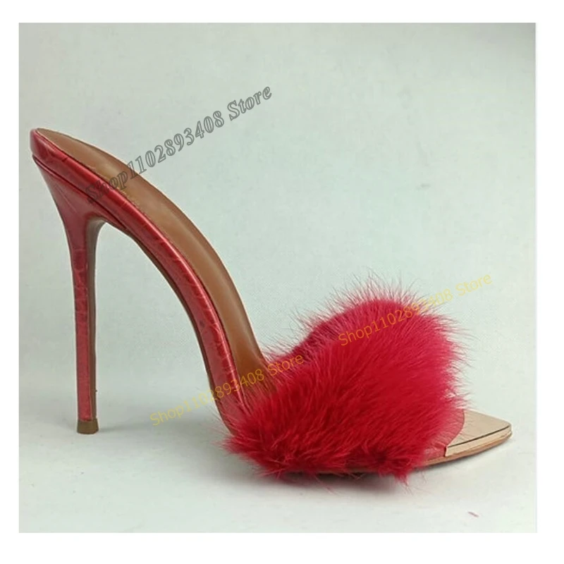 Red Color Fur Decor Slippers Peep Toe Solid Stiletto High Heel Slip on Women Shoes 2023 Summer Fashion Sexy Zapatos Para Mujere