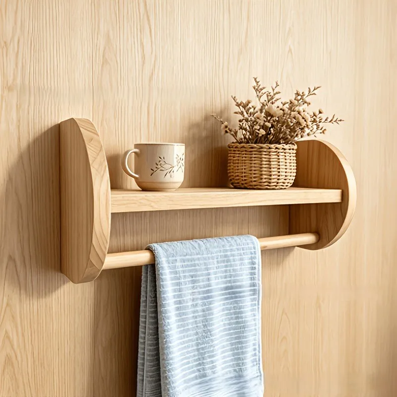 Solid wood wall-mounted towel rack with storage for the bathroom, no drilling required, wall storage for the restroom