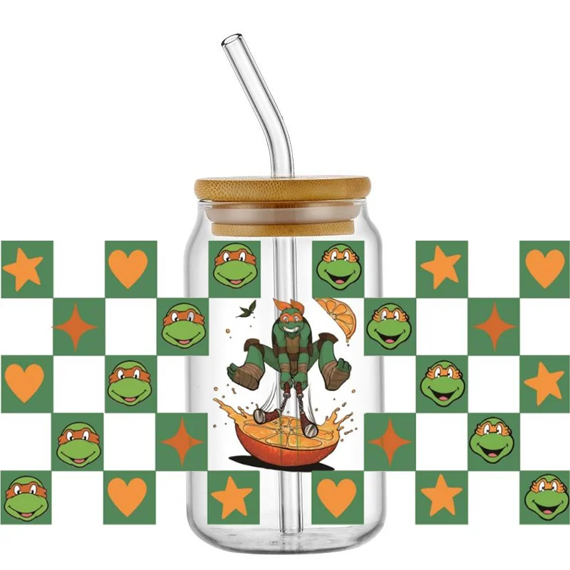 Miniso New Design Cartoon Tortoise Superhero Series Waterproof UV DTF Cup Mug Wraps Sticker UVDTF 3D Decal For 16oz Libbey Glass