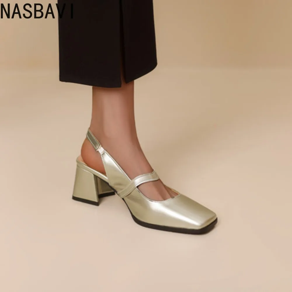 NASBAVI أزياء النساء مضخات Slingback الصنادل ساحة تو براءات الاختراع والجلود كتلة عالية الكعب ماري جين أحذية السيدات الذهب والفضة
