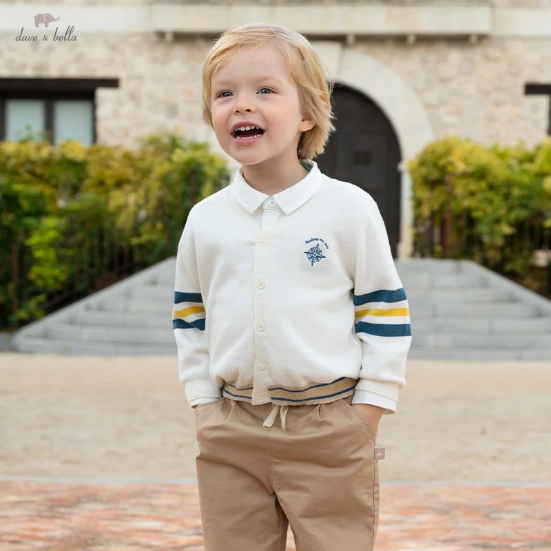 Dave Bella Spring Children Boys Cardigan Beige V-collar Baby Boy Sweater Coat Cotton Long Sleeve Little Boy Knitwear DB1250009