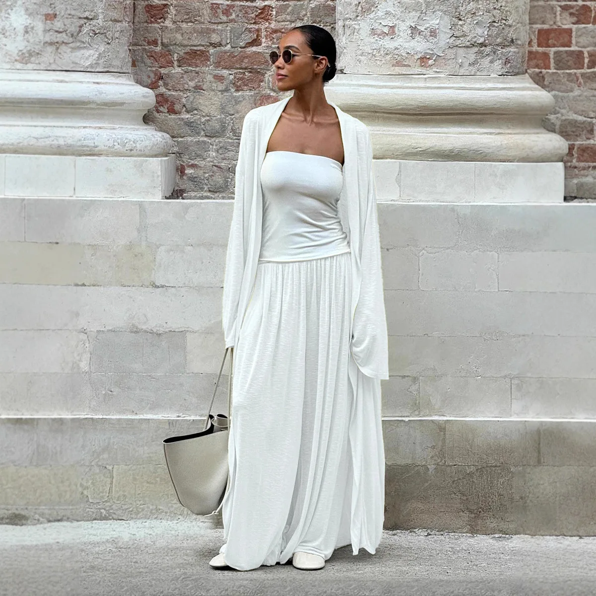 

Комплект: длинный кардиган и брюки с широкими штанинами, осенний пляжный стиль 2026, кардиган-шаль, брюки-фонарики, летнее платье-роба, женский наряд для вечеринок