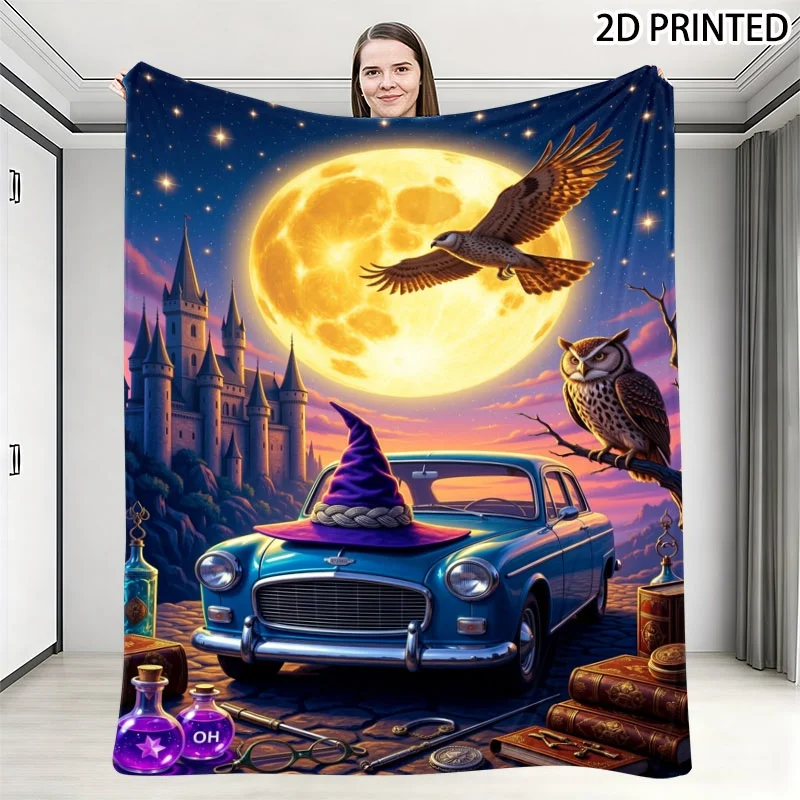 Whimsical Halloween Fantasy Night Print Throw Blanket, Magical Wizard Themed Design with Full Moon, Castle, Owl & Vintage Car, C