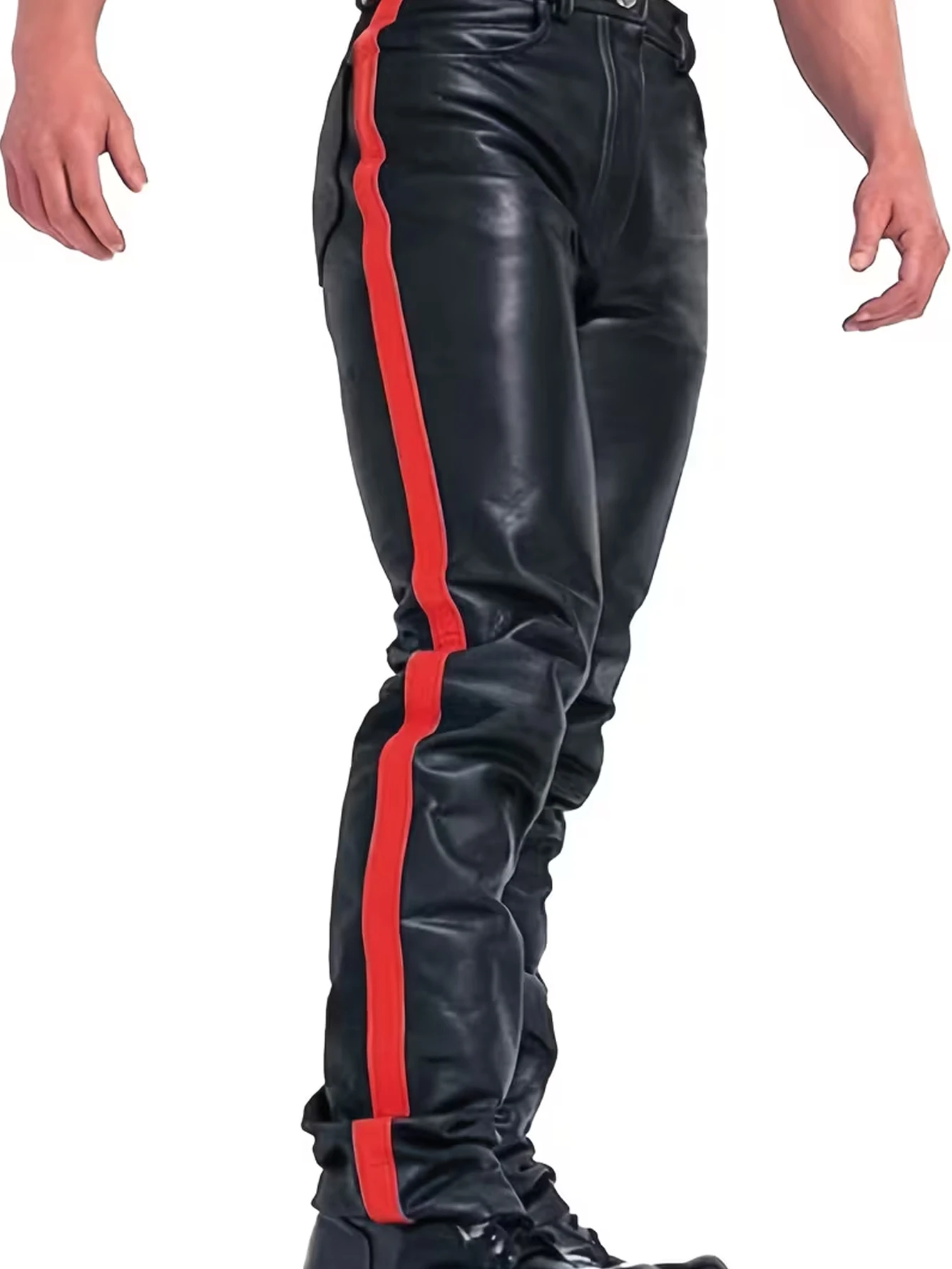 Men's Full-Length Motorcycle Biker Pants - Stretchy PU Leather with Color-Block Patchwork Cone-Shaped Slim Fit for Winter/Aut