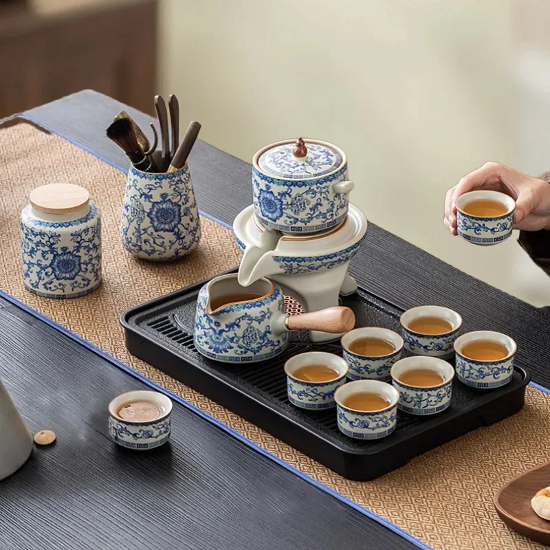 

Ru Kiln Синий и белый чайный сервиз кунг-фу, весь набор с подносом для чая, подарки высокого класса для дома, автоматический набор