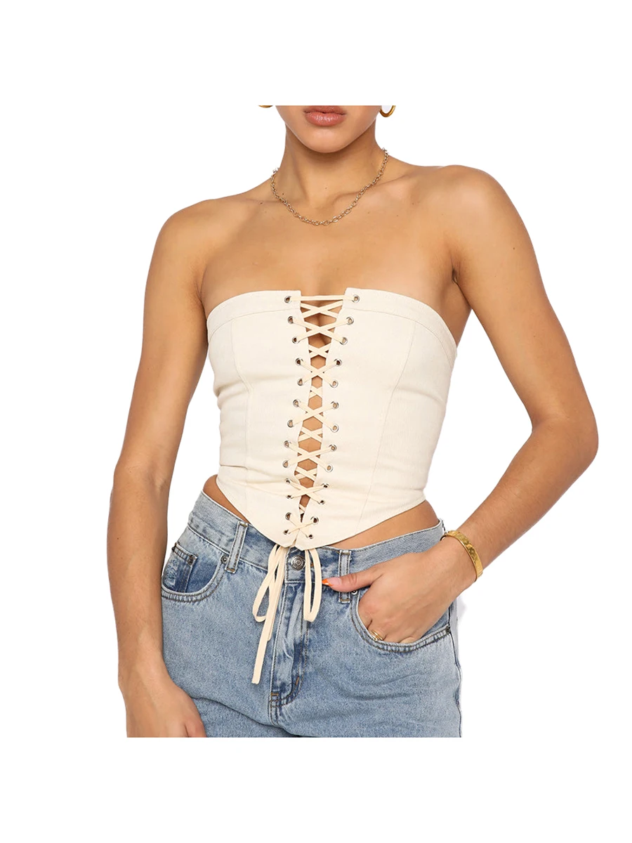 Women Strapless Corset Top Sexy Y2K Off Shoulder Front Lace Up Crop Vest Push Up Bustier Summer Slim Camisole E-Girl Streetwear