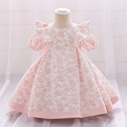 Baby Girls Summer Princess Dress Pink Floral Infant Baby 1 Year Birthday Wedding Party Dresses Bow Toddler Girl Clothes 0-2Y