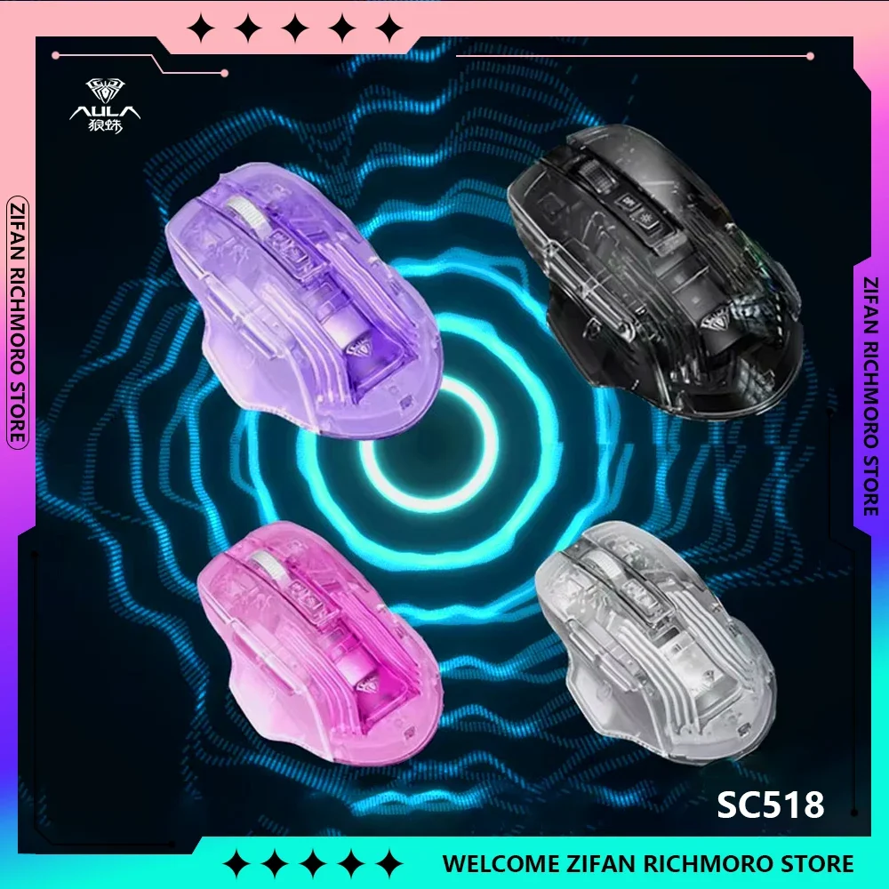 Aula SC518 Rgb Backlit 2 Mode Adjustable Bluetooth Wireless Transparent Mouse DPI Lightweight Gaming Esports Mouse PC Accessorie