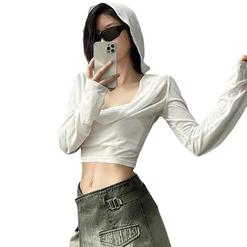 

Feng 2023 Summer New Women's Fashion Sexy Solid Color Pleated Hooded Slim Fit Waist Exposed Navel Sun Protection Clothing
