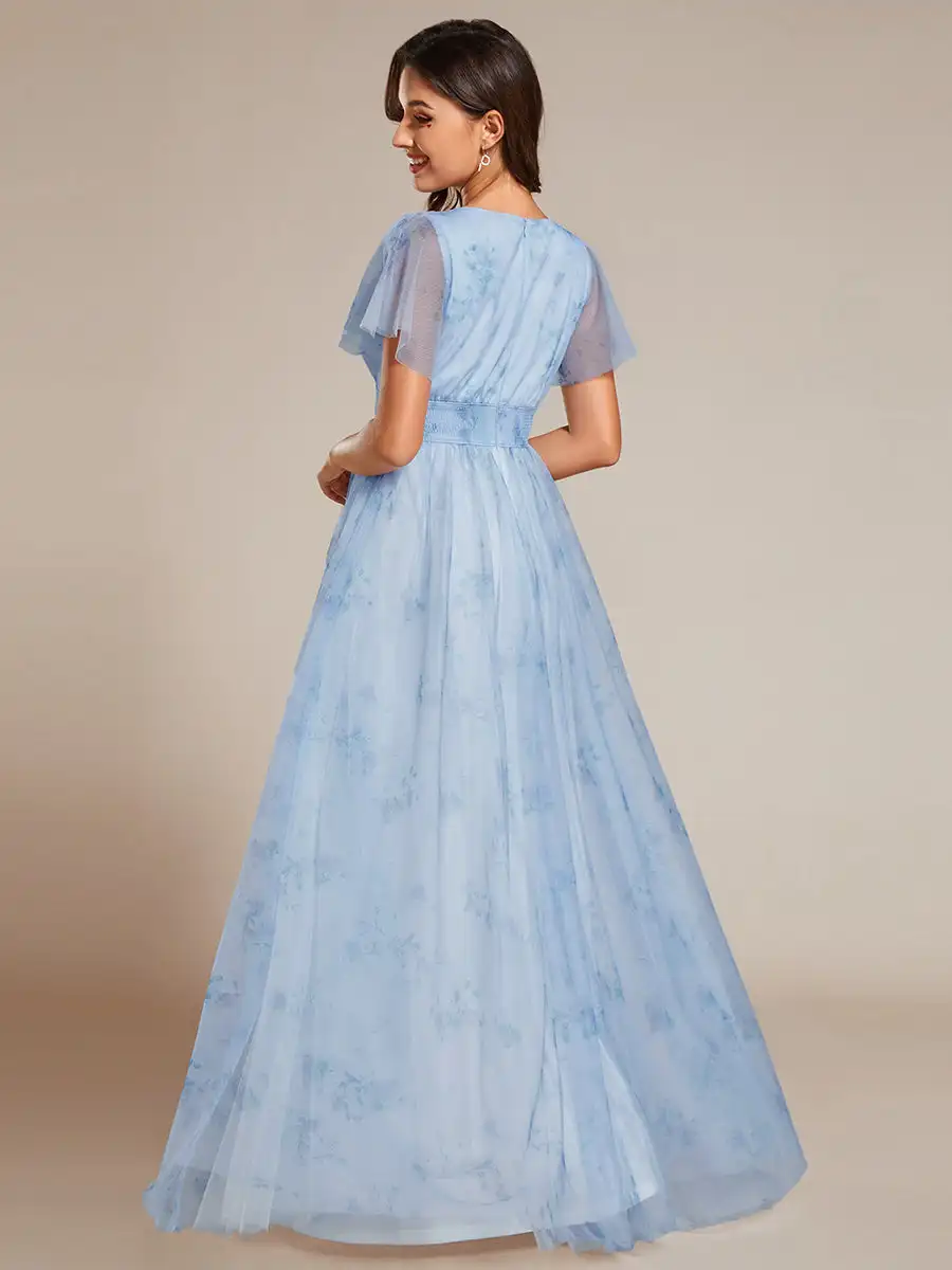 Elegant Evening Dresses Floral Tulle Deep V-Neck Short Sleeve 2024 Ever Pretty of Printing Ice blue Bridesmaid Dress