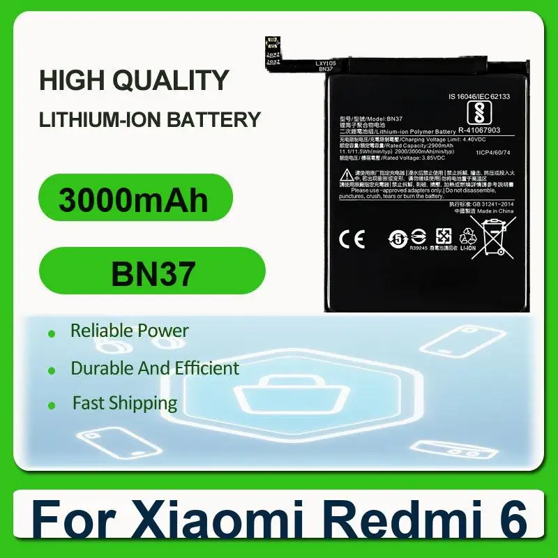 

Replacement Mobile Phone Battery For Xiaomi Redmi 6 Redmi6 Redmi 6A BN37 3000mAh