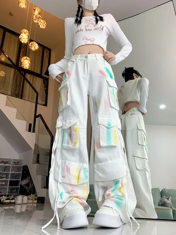 

ADAgirl White Retro Painted Cargo Denim Pants Women Hip Hop Y2k Causal Loose Pockets Wide Leg Jeans Harajuku Chic Mujer Bottoms