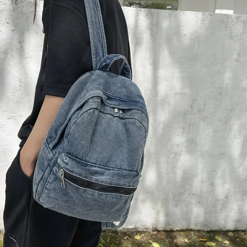 Denim backpack casual simple campus style student schoolbag street fashion travel versatile backpack