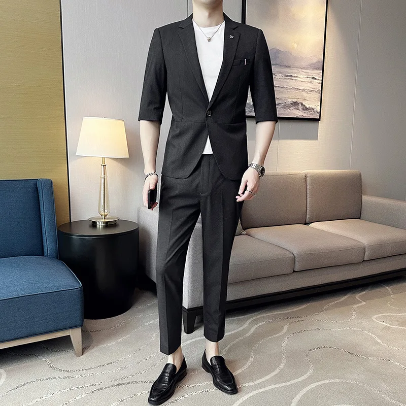 Europe and The United States Leisure Suit New Summer Seven-point Sleeve Men's Suit Two-piece Suit Tide Thin Sleeve Suit.