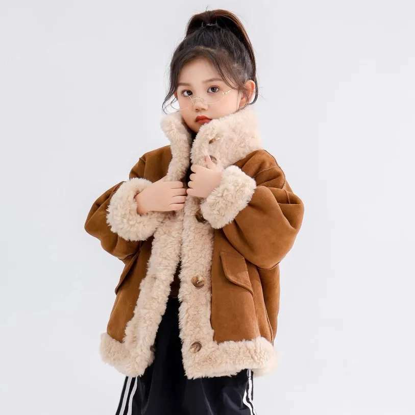 Winter New Children's Real Wool Fur Jacket Thicker Warm Motorcycle Jacket  Lambskin coat For Boys And Girls A4804