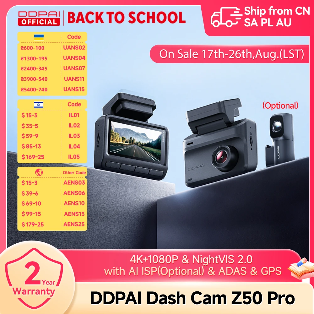 Câmera Veicular DDPAI Z50 Pro 4K HDR + 1080P DVR com Visão Noturna Wi-Fi 6 GPS ADAS Monitoramento de Estacionamento 24h Câmera Frontal e Traseira