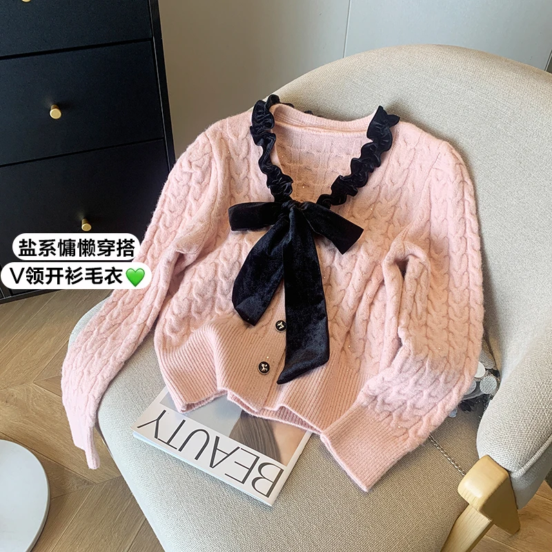 

V-Neck Twists Knitted Cardigan Coat Women Autumn Winter New Stringy Selvedge Puff Sleeve Sweater Oversized Cardigan Mujer Pink