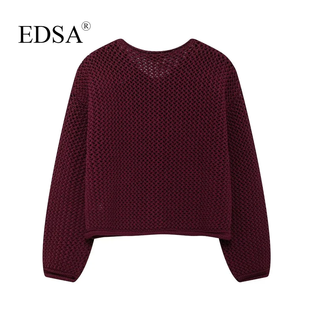 EDSA Women Hollow Out Chunky Knitted Cardigans dla kobiet z długim rękawem i metalowymi guzikami Krótki sweter Crop Top Dzianina Odzież wierzchnia