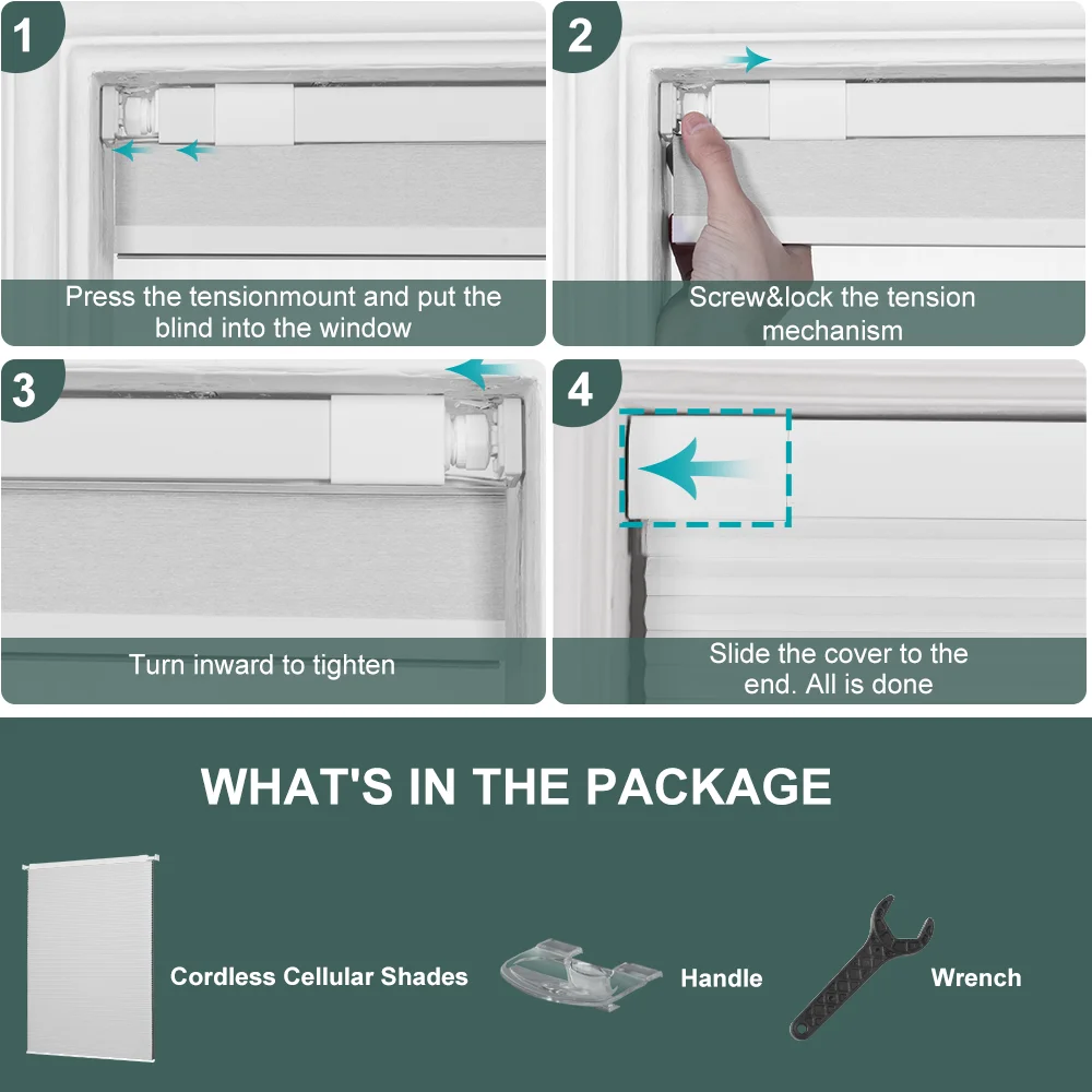 No Drill Cellular Shades for Indoor Windows Thermal Insulating Noise Reducing Honeycomb Blinds Free-stop Cordless Blackout Shade