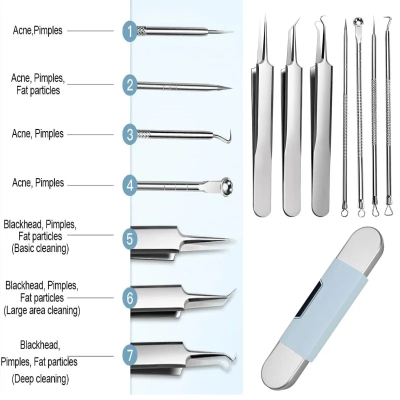 1 مجموعة الفولاذ المقاوم للصدأ مجموعة أدوات إزالة الرؤوس السوداء Comedones النازع بثرة حب الشباب كليب مجموعة إزالة أدوات الأنف الوجه الملقط #1