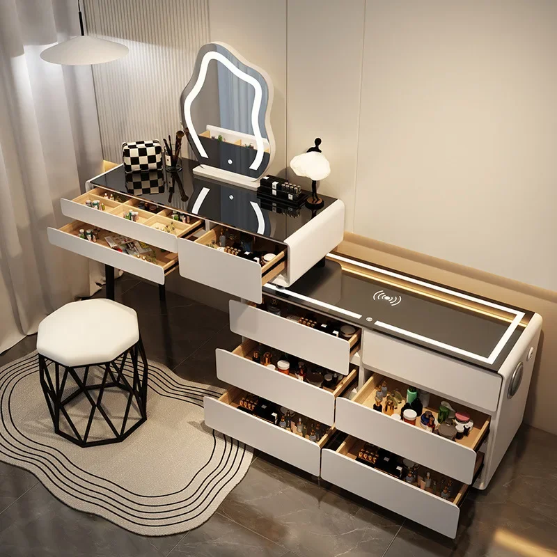 

Роскошный зеркальный умный туалетный столик, станция беспроводной зарядки, прикроватный столик для макияжа, туалетный столик с 6 ящиками, мебель для спальни