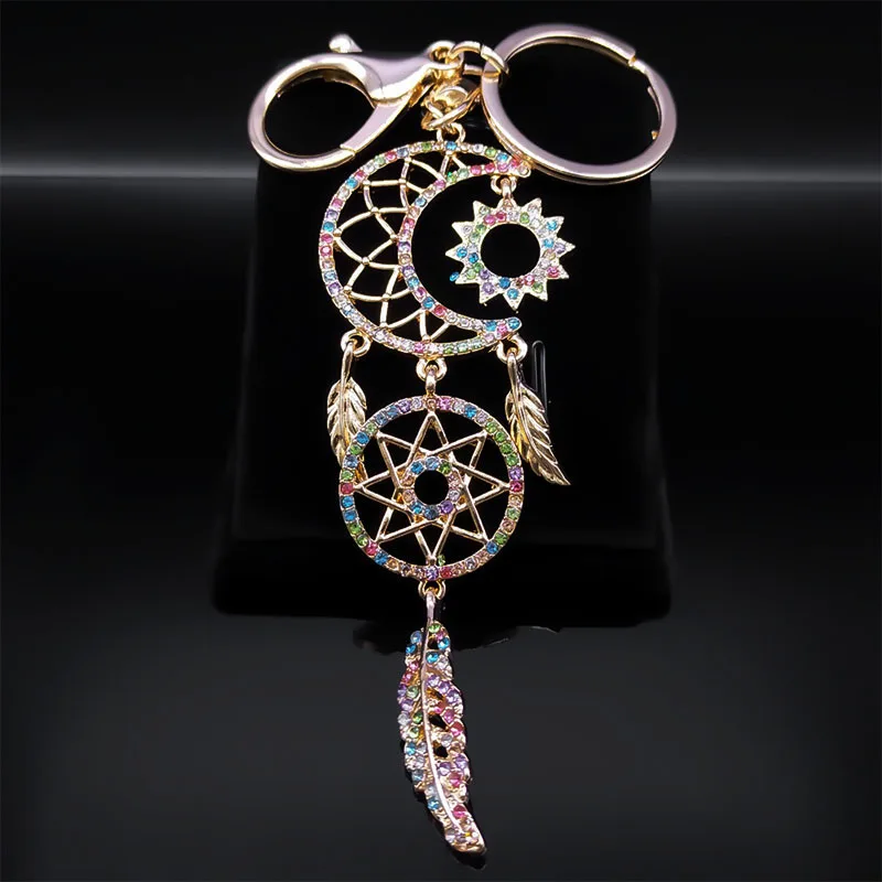 Fashion Dream Catcher Sun Moon Keychain for Women Pink Crystal Lovely Alloy Rhinestone Dreamcatcher Key Ring Jewerly K9215S04