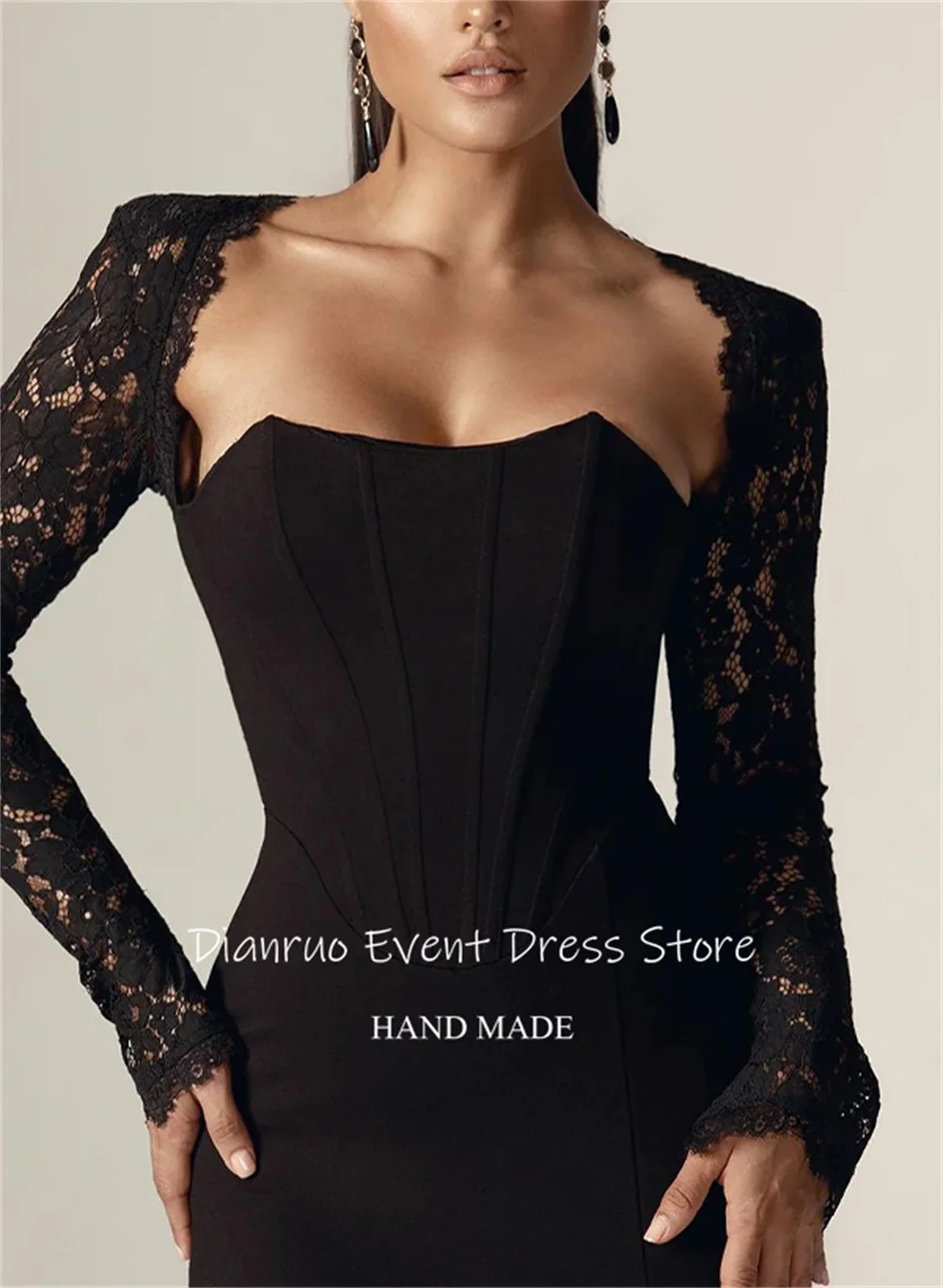 Dianruo Черные вечерние платья русалки Прозрачные кружевные аппликации с рукавами Бальные платья Скромные платья знаменитостей с высоким разрезом по индивидуальному заказу