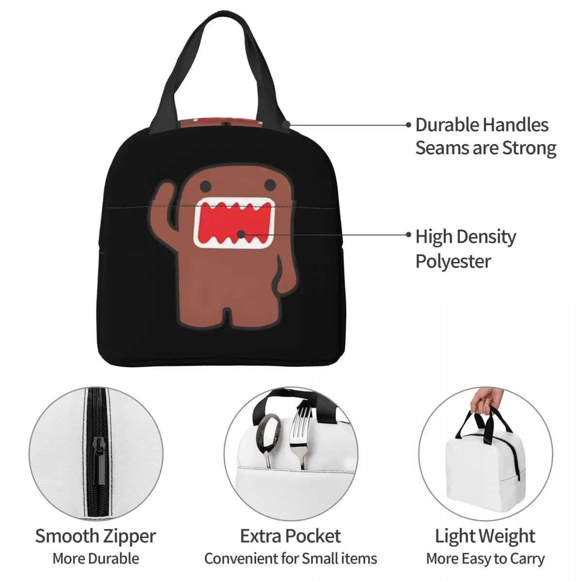 Domo Kun Doll Face Niedliche isolierte Lunchtasche, hohe Kapazität, Essensbehälter, Kühltasche, Tragetasche, Lunchbox, Arbeit, Outdoor, Lebensmittelaufbewahrungstasche