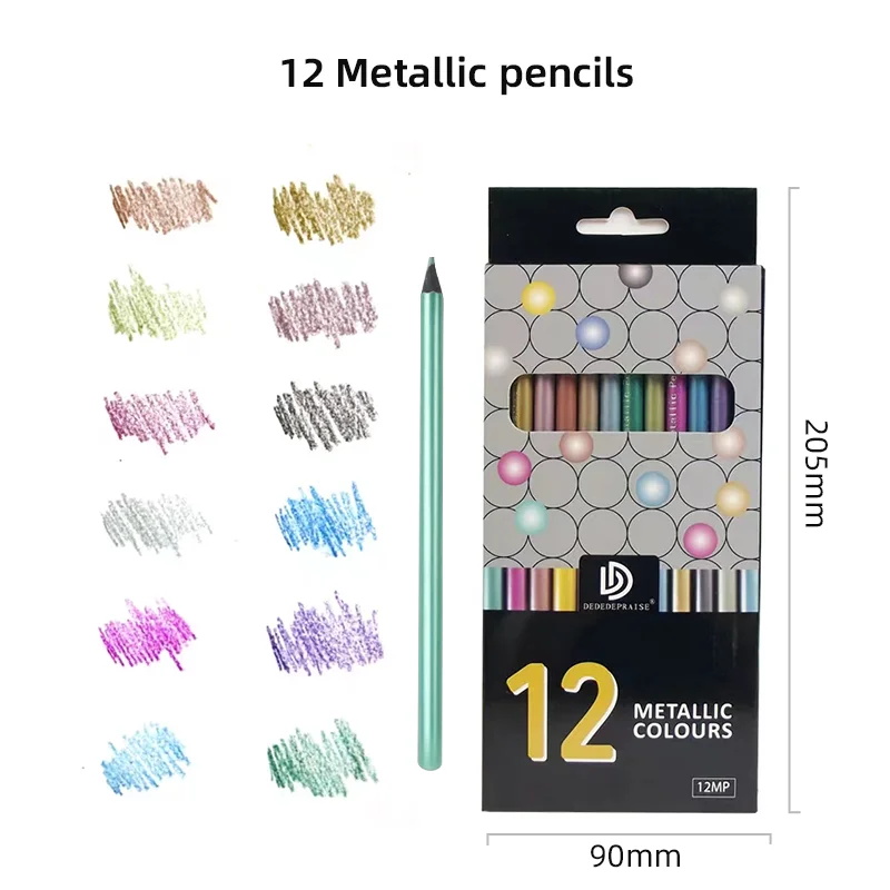 12 Color Metallic Colored Pencils Drawing Sketching Soft Wood Golden Pencil Set For Student Profession Art Supplies