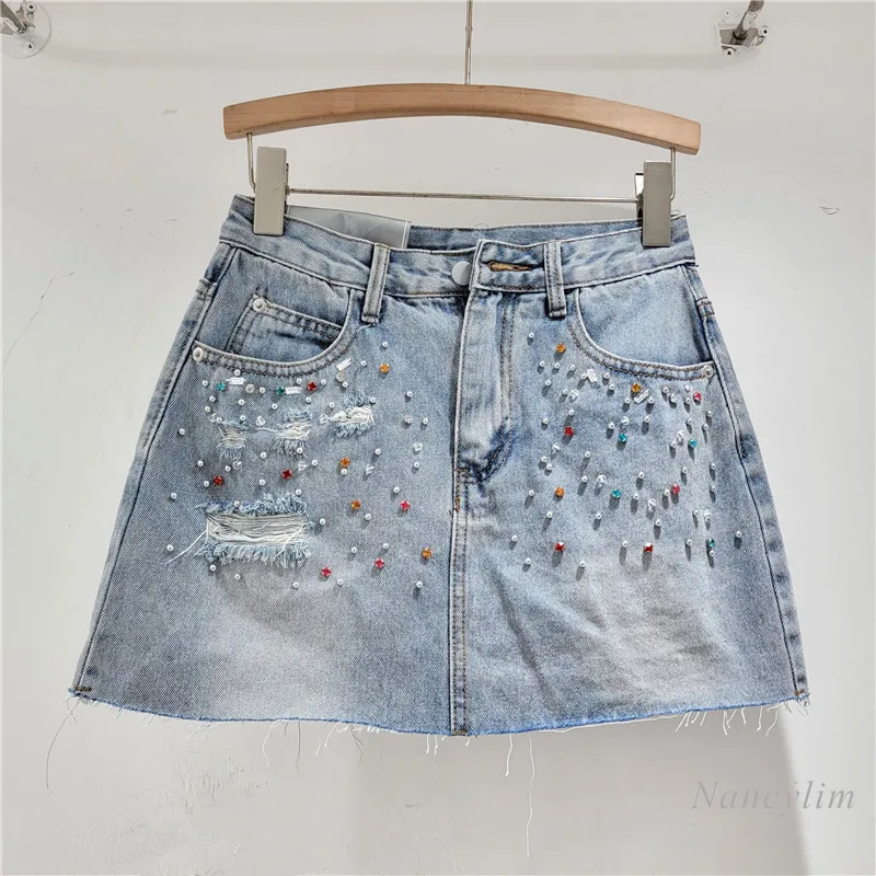 Women's Short Denim Skirt 2024 New Summer High Waist Slimming Ins European Style Ripped Diamond Exposure-Proof Jean Skirt Street