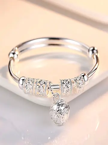 Fine 925 Sterling Silver Hollow Bells Ball Bangles Adjustable Bracelets for Women Fashion Holiday Gifts Party Wedding Jewelry