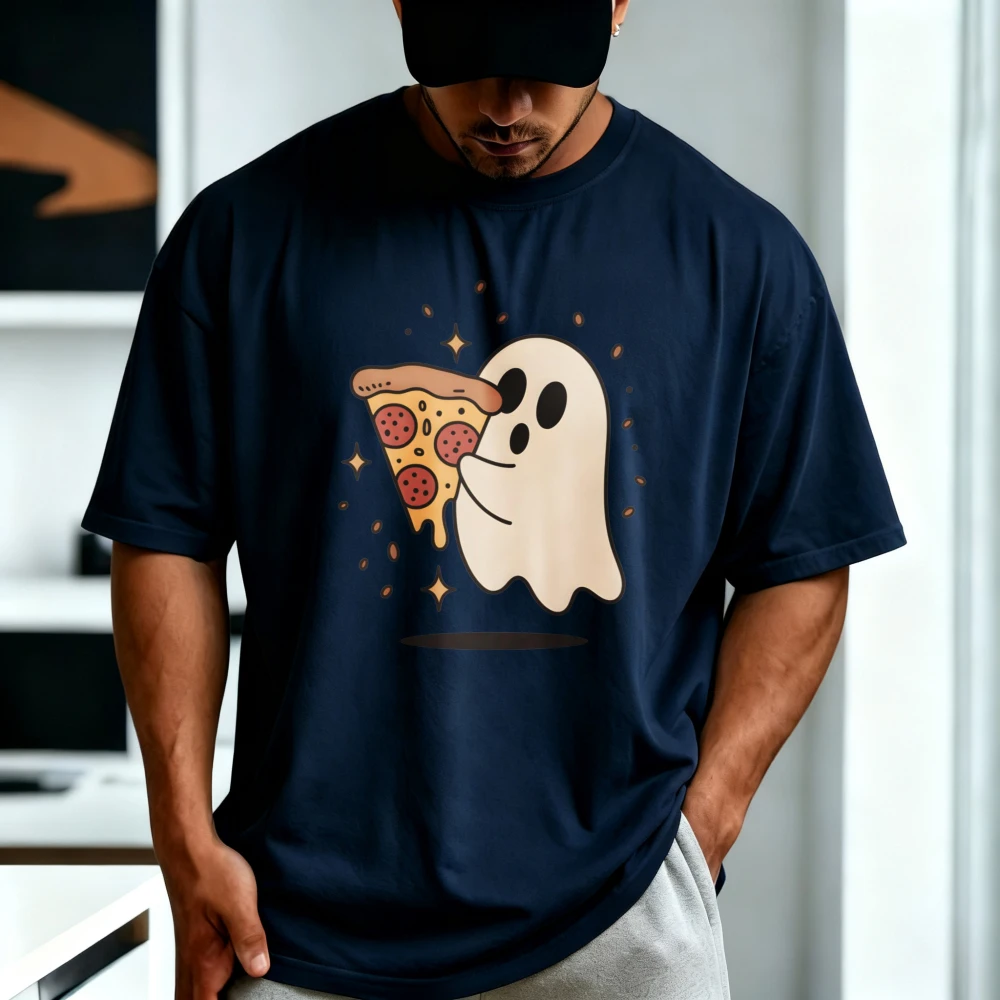Funny Pizza Lover Ghost Halloween Shirt, Cute Fall Time Short Sleeve Tee Pizza Night, Bookish Introvert Weekend Autumnal Shirt P