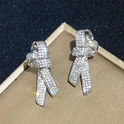 Huitan Bow Shaped Stud Earrings for Women Silver Color Sparkling Crystal Cubic Zirconia Temperament Accessories Female Jewelry