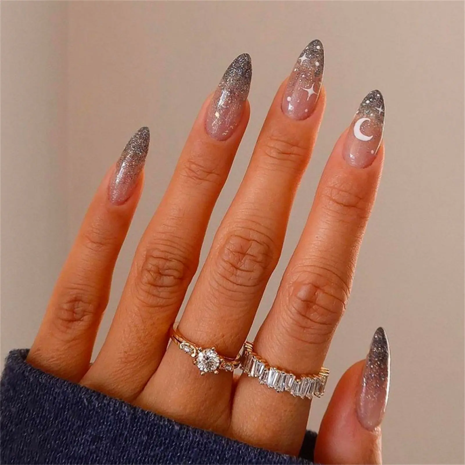 Long Pointed Head False Nails with Full Glitter Decor Lightweight and Easy to Stick Fake Nail for Hot Girl Dress Matching