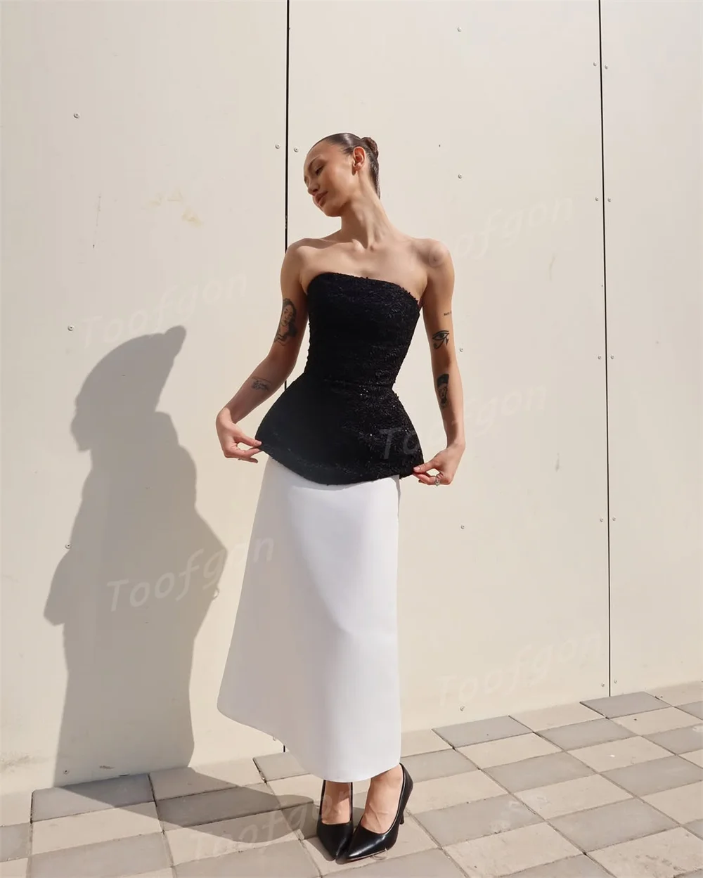 Toofgon Customized Sequined Black White Evening Dresses Strapless Ankle Length Shiny Prom Gowns Special Occasion Party Dress