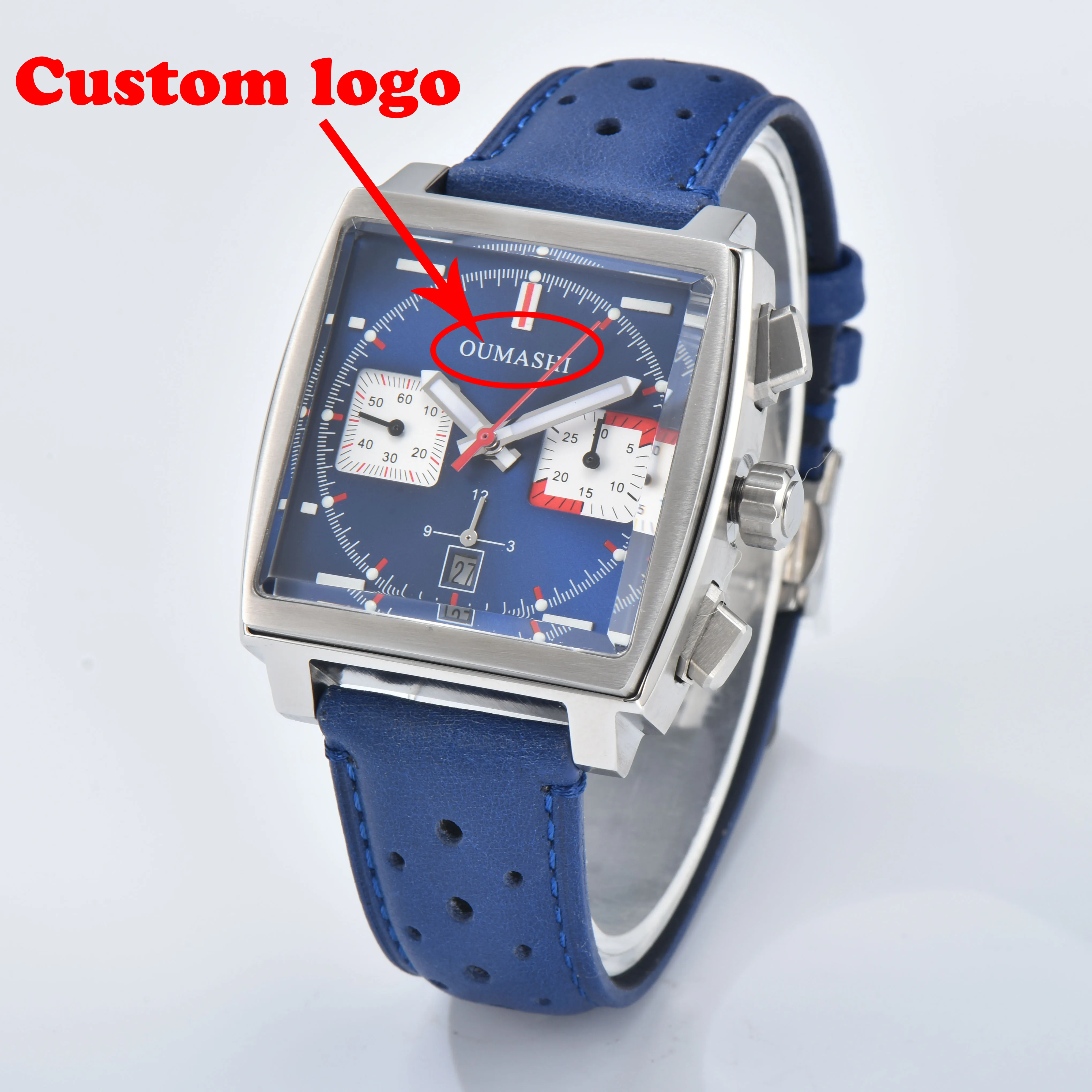 Custom LOGO 40mm Square Watch ETA 7750 Multi-function Chronograph Movement 10Bar Waterproof 316L Stainless Steel Men\'s Watch