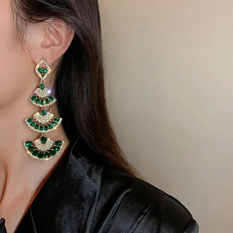 Vintage Green Crystal Drop Earrings for Women Oversize Long Sector Geometric Dangle Earrings Statement Jewelry