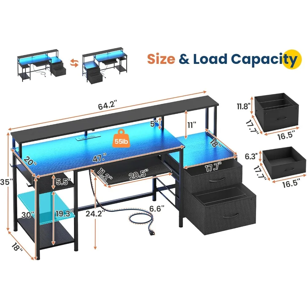 64.2in Computer Desk with Keyboard Tray, Reversible Gaming Desk with Power Outlets and LED Light, Home Office Desk