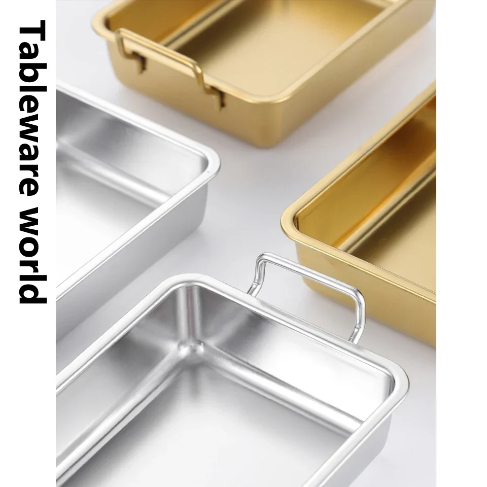 304 Double Ear Square Plate Golden Stainless Steel Fried Chicken Plate Restaurant Creative Snack Candy Fruit Gold Serving Tray