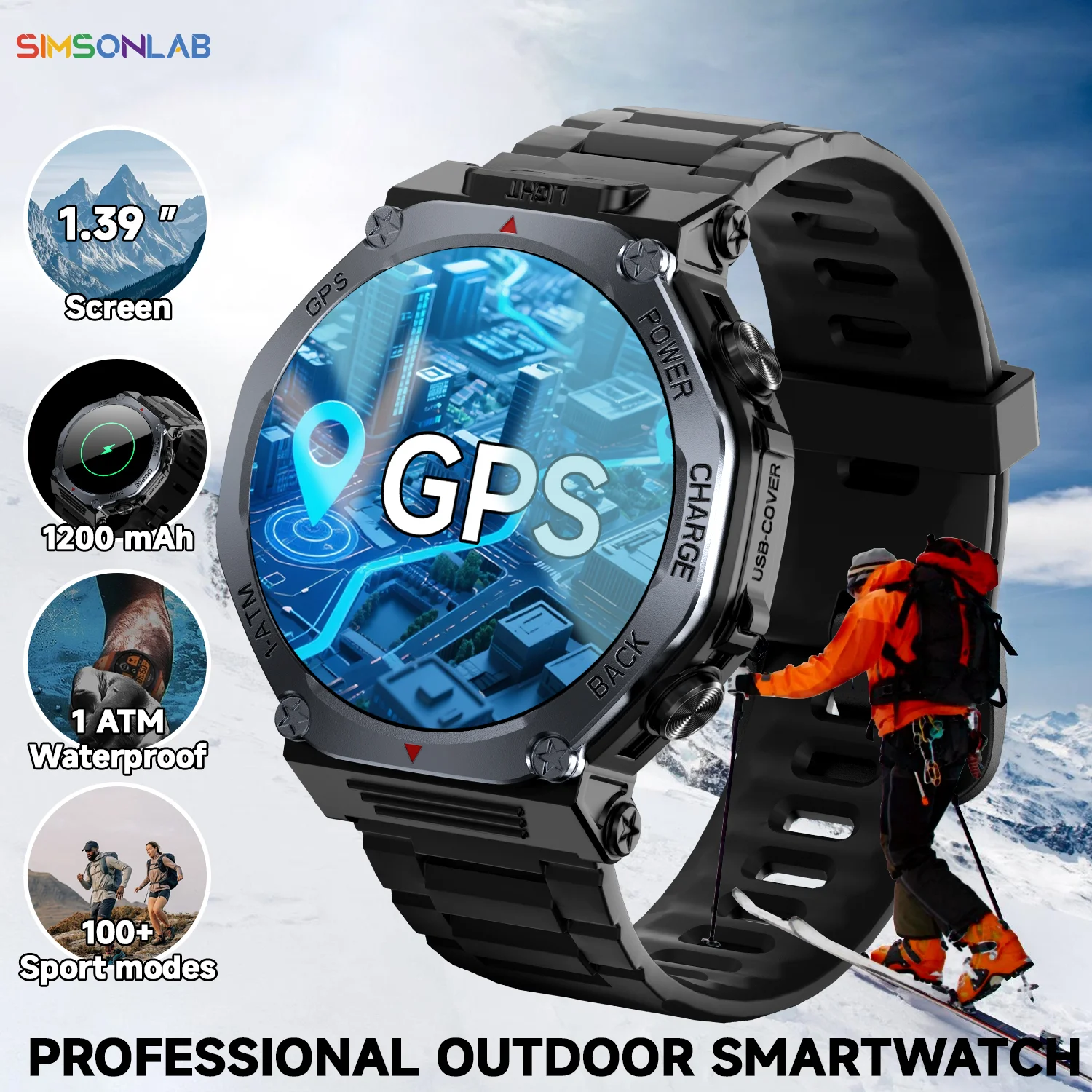 

NEW Military GPS Smartwatch Android/IOS with 1.39''Screen 1200mAh Big Battery Bluetooth LED Light Wireless Call for Camping Man