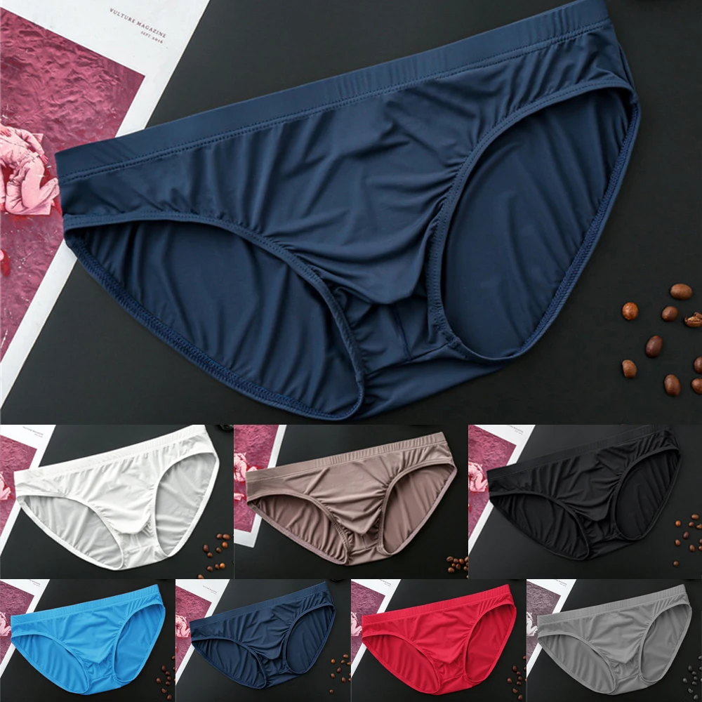 Summer Men Sexy Ice Silk Briefs U Convex Pouch Underwear Low-Waist Panties Smooth Soft Underpants Elastic Breathable Short Trunk