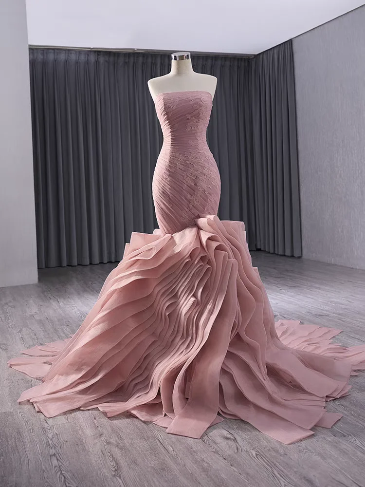 

Pink organza Evening dress, lace pleated Mermaid Dress