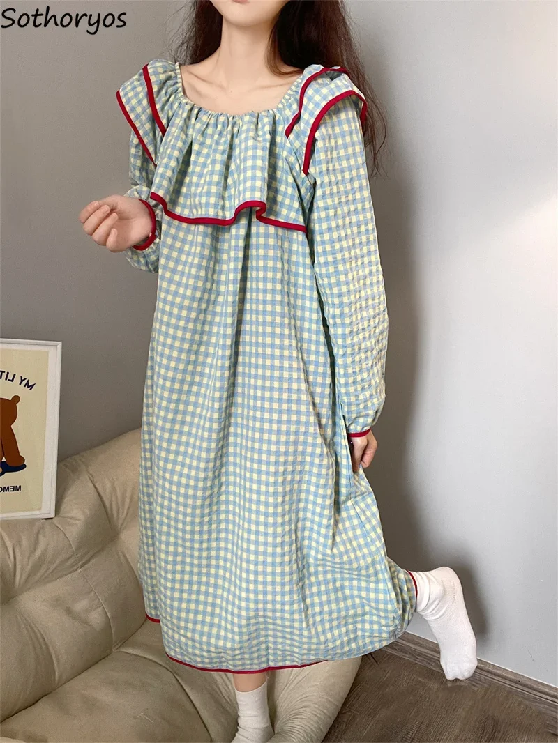 

Nightgowns Women Plaid Trendy Long Sleeve Square Collar Ins Style Loose Korean Fashion Nightdress Ruffles Design Daily Autumn