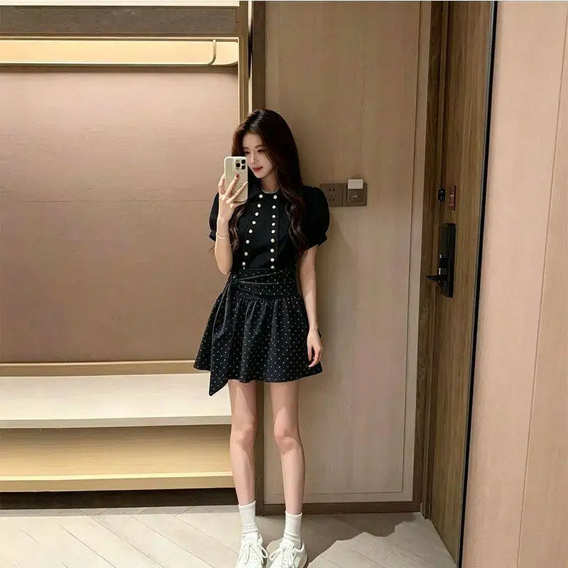 

plus Size Summer Outfit Loose Fit Plaid Shirt And Polka Dot Skirt Two Piece Set Women's Casual Style V Neck Short Sleeve