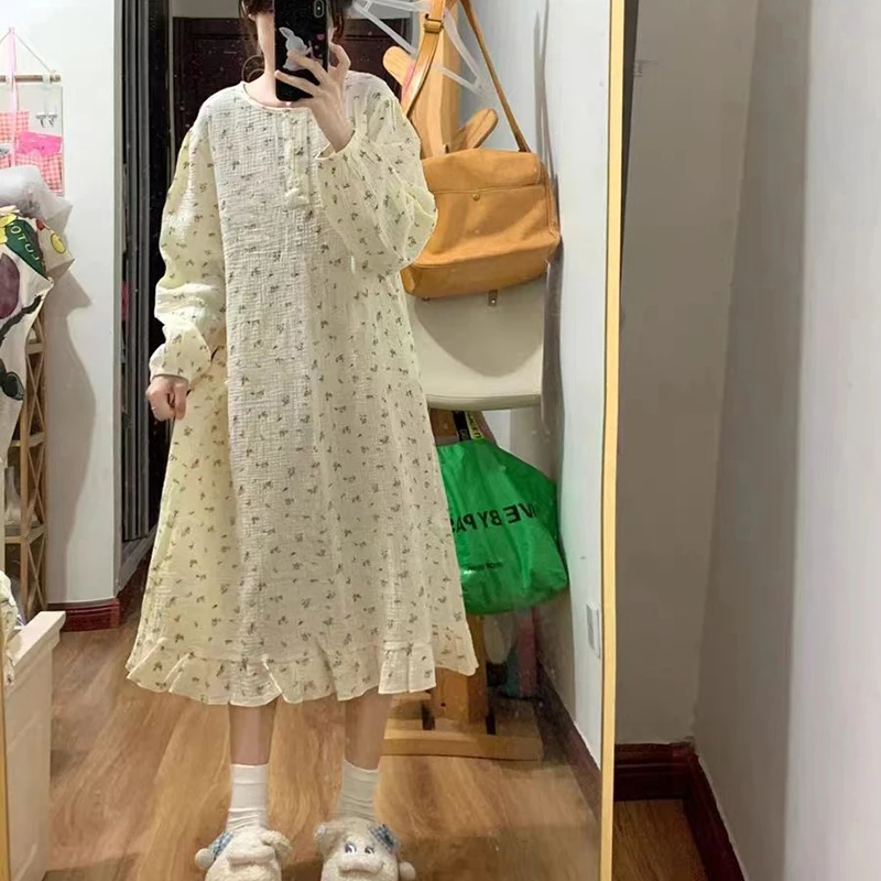 Floral Women Nightgown Button Sleepwear O-neck Nightwear Korean Fashion Night Dress Long Sleeve Autumn Ruffles One Piece Pajamas