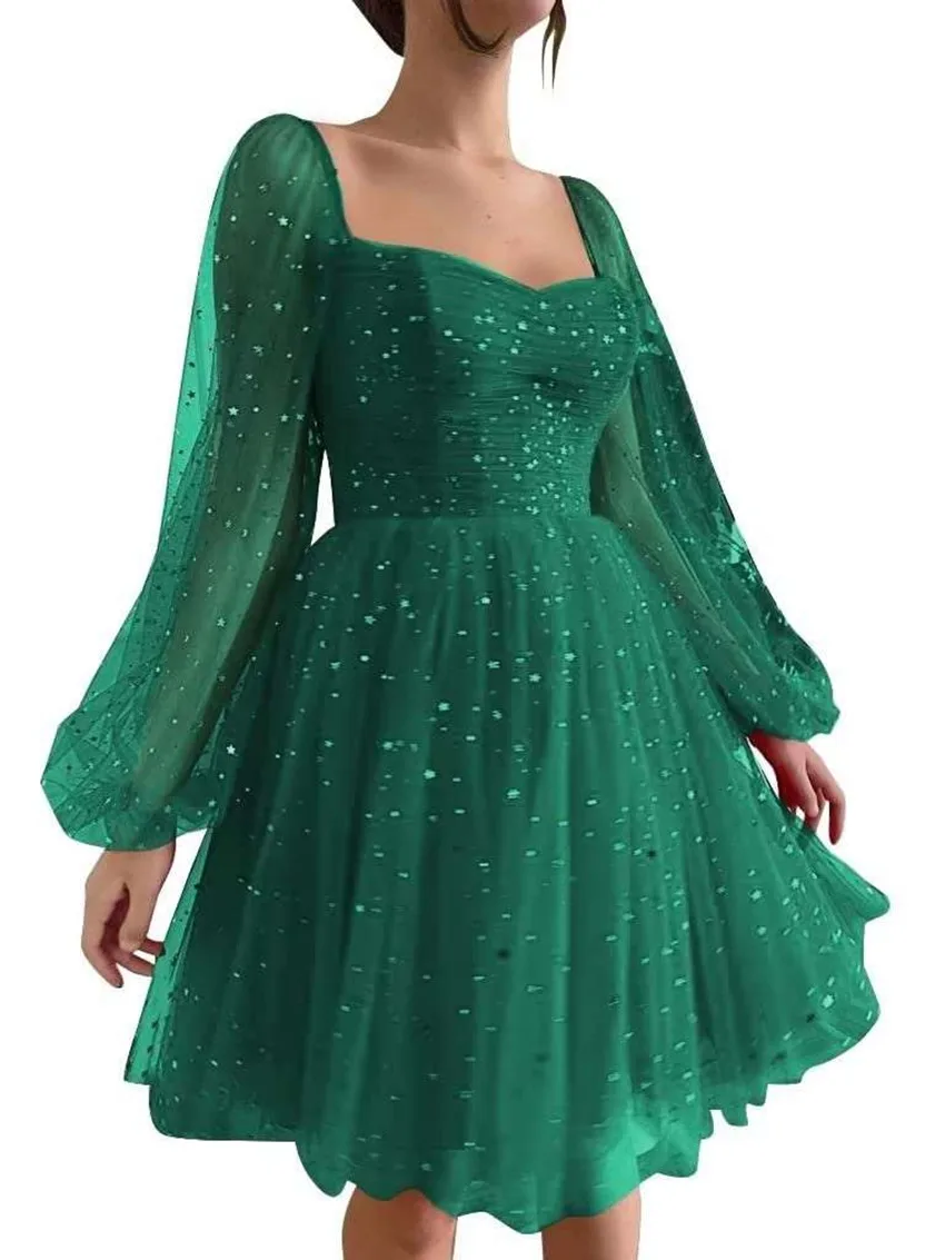 Robe de bal courte en Tulle scintillant, personnalisée, Mini robe de Cocktail moelleuse à manches longues, pour événements spéciaux